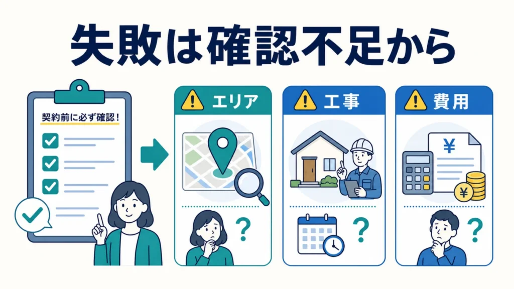 契約前にエリア・工事・費用を確認してNURO光の失敗を防ぐポイントを示した図解