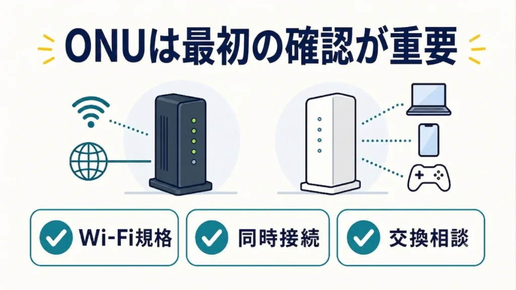 ONUのWi-Fi規格・接続台数・交換相談を確認する図解