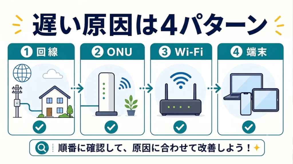 NURO光が遅い原因は回線・ONU・Wi-Fi・端末の4パターン。順番に確認して原因に合わせて改善する流れの図解
