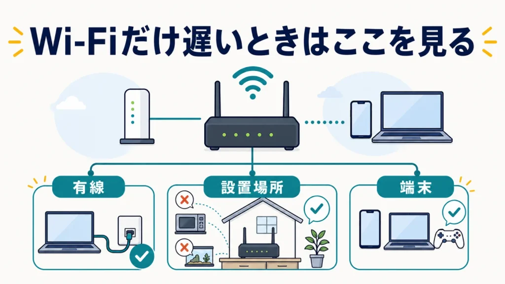 NURO光のWi-Fiだけ遅い？原因の確定方法と7つの対処法の要点を整理した図解